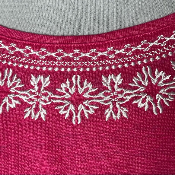 Chico’s | Pink Linen Embroidered Fringe Flutter Sleeve Top, Size 2 (Large) - Picture 3 of 8